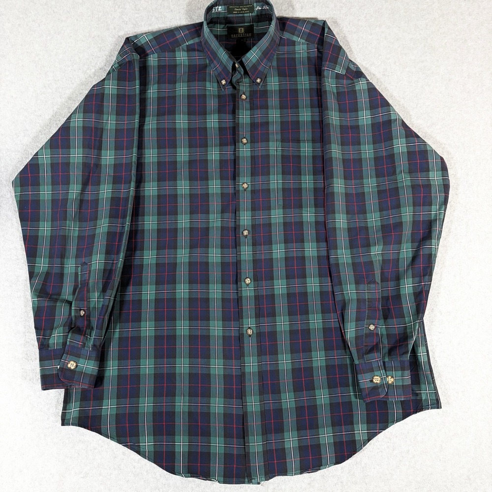 Nordstrom Mens Plaid Button Down Shirt Green Navy Red Blended Poplin Large
